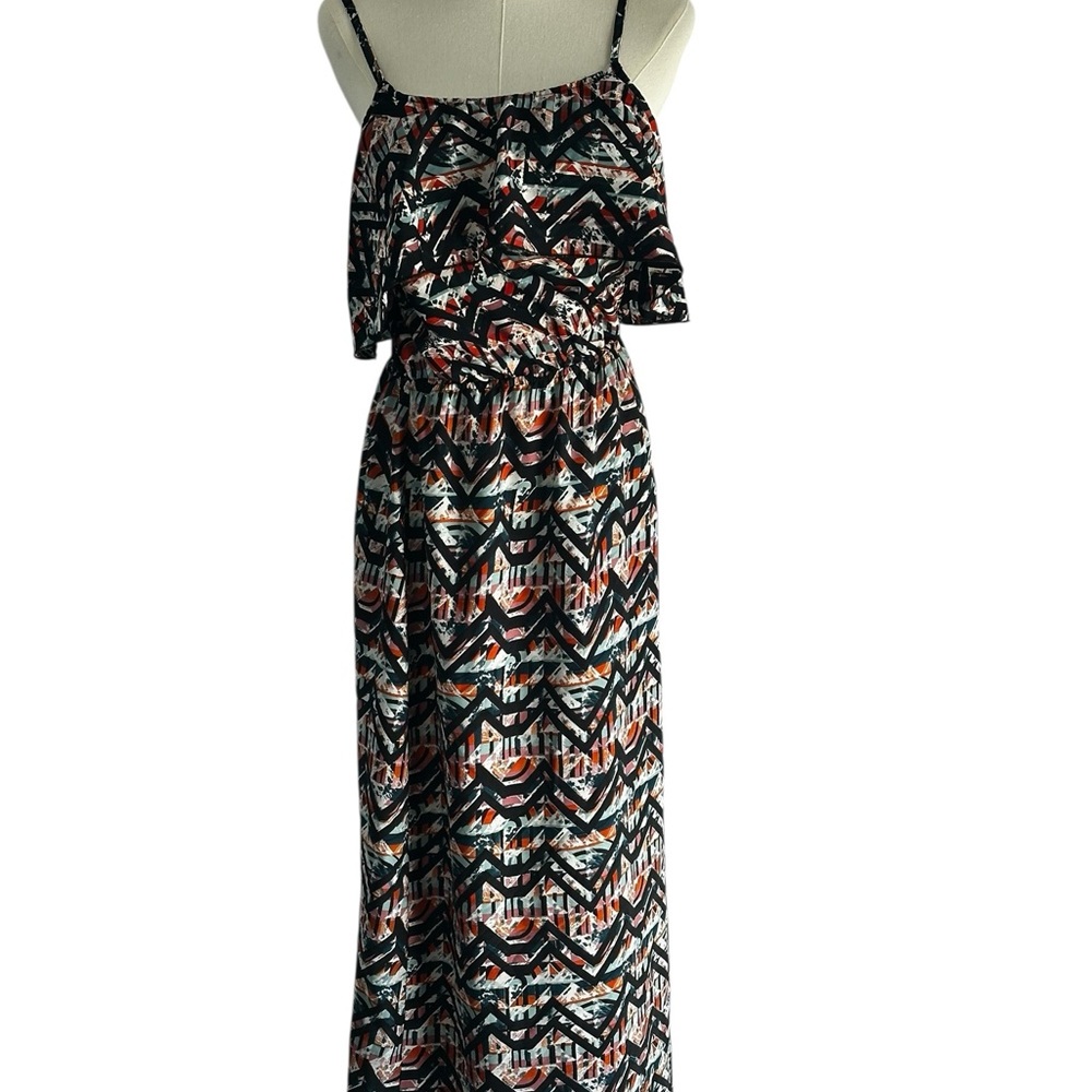 Indulge Retro Geometric Maxi Dress Boho Overlay Spaghetti Straps SZ L